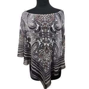World Unity Woman Sheer Poncho Gray Black White Paisley Rhinestone Plus Size 2x